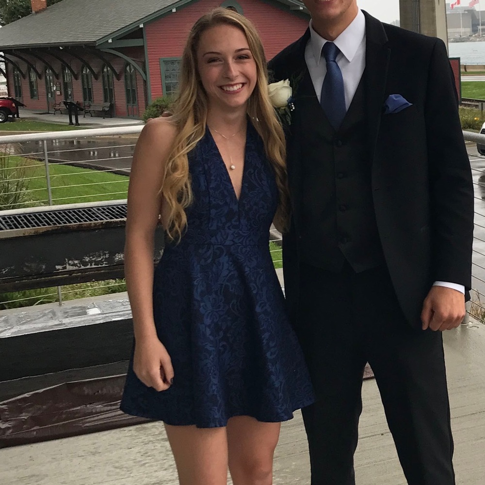 Navy/Black Halter Top Homecoming Dress